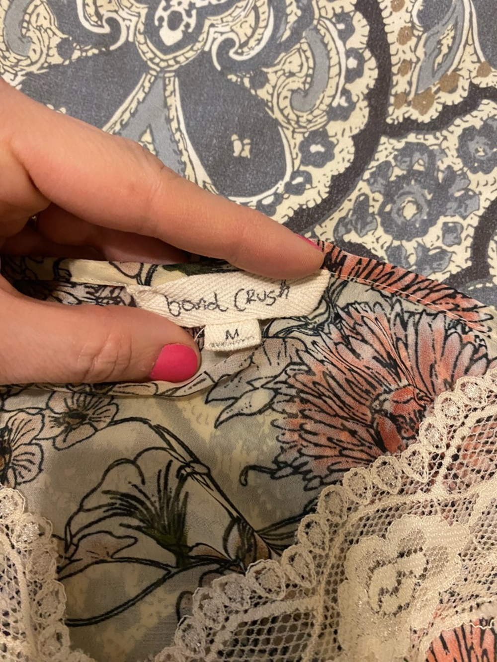 Floral Lace-Trim Cami Tank Top - Cream with Pink & Green Floral Print - Picture 3 of 5